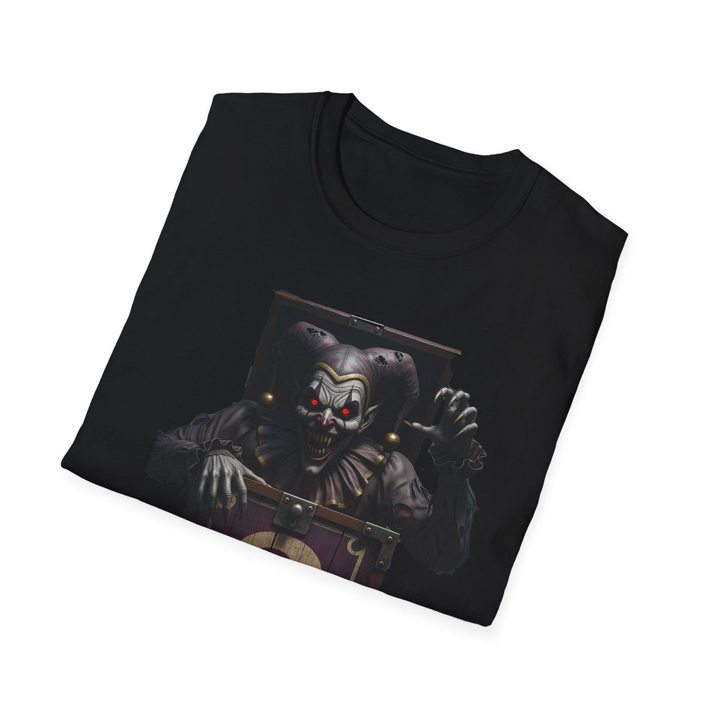 Mystery Demon Jester Clown Jack In A Box Unisex T-Shirt, Horror Tee, Spooky Shirt, Halloween Costume, Fun House Apparel, Gift for Horror Fans