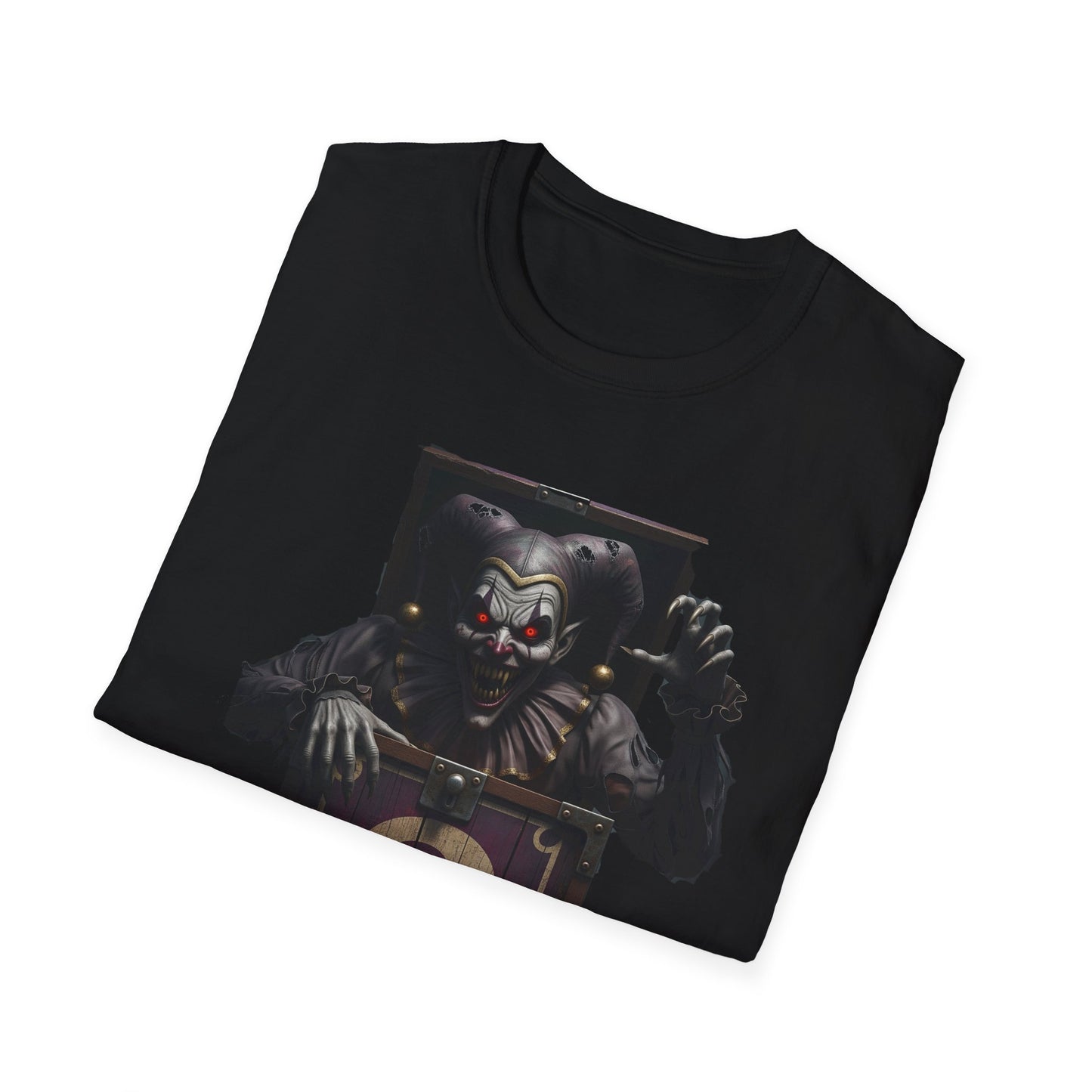 Mystery Demon Jester Clown Jack In A Box Unisex T-Shirt, Horror Tee, Spooky Shirt, Halloween Costume, Fun House Apparel, Gift for Horror Fans