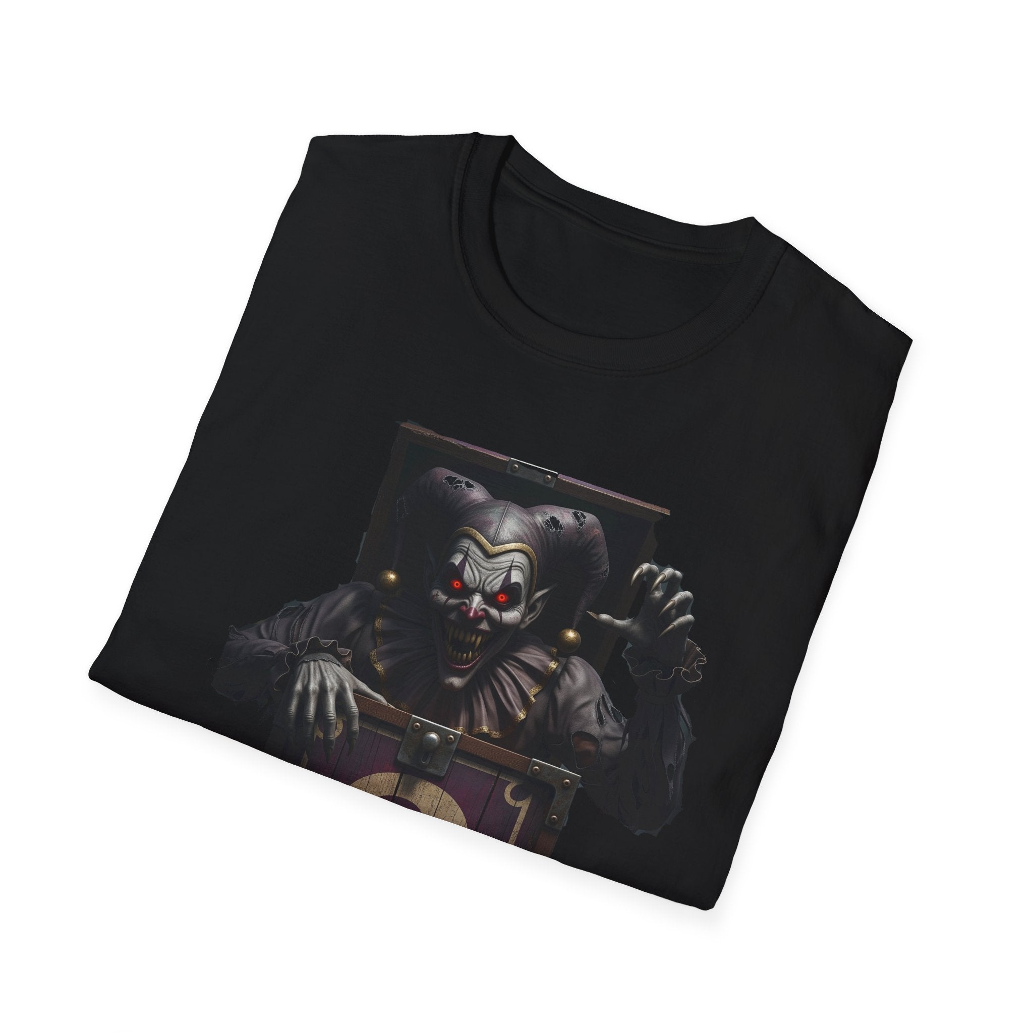 Mystery Demon Jester Clown Jack In A Box Unisex T-Shirt, Horror Tee, Spooky Shirt, Halloween Costume, Fun House Apparel, Gift for Horror Fans