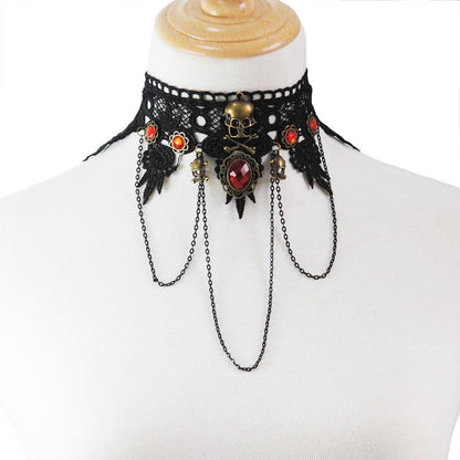 Lace Necklace With Black Skull