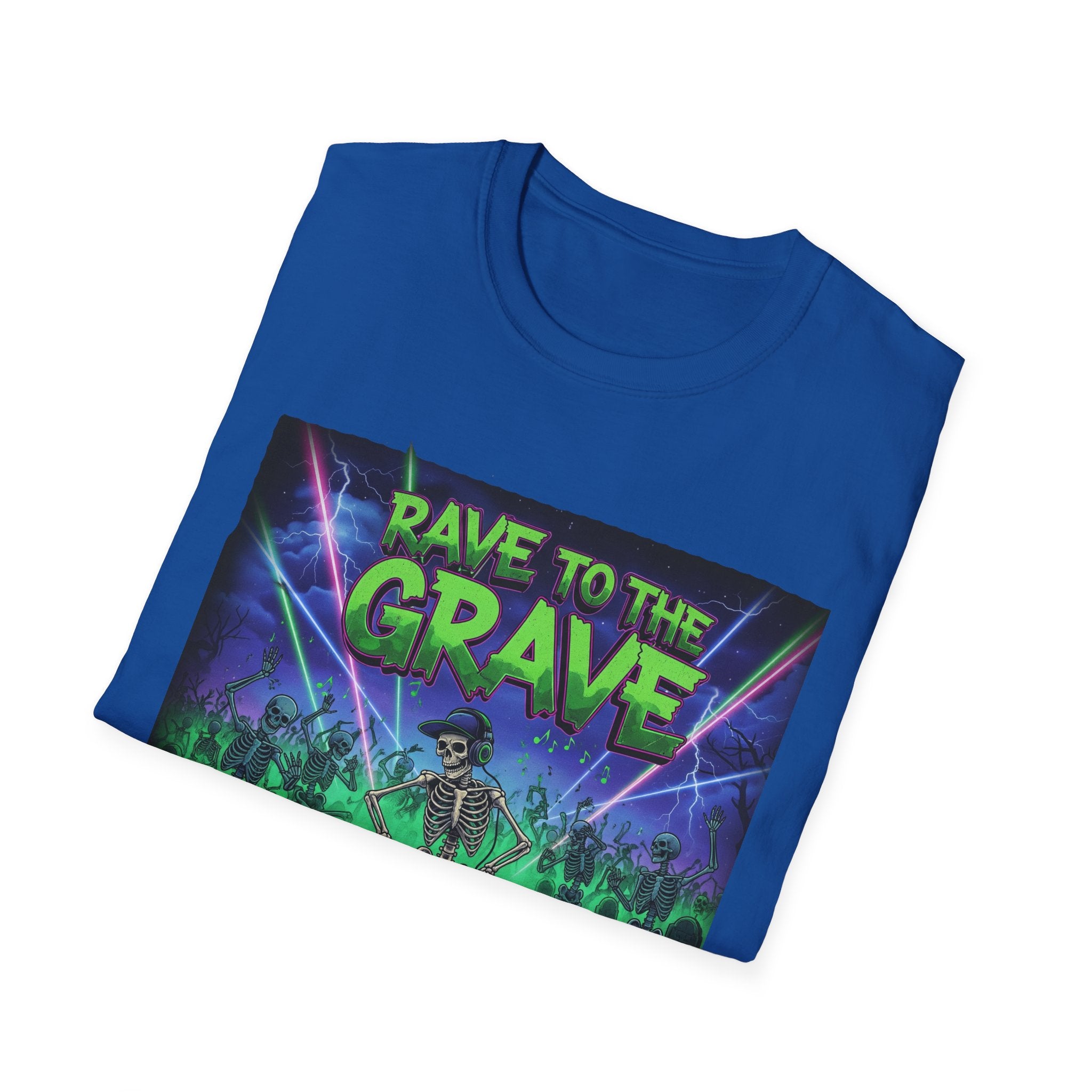 Rave to the Grave Unisex Softstyle T-Shirt | Festival Tee, Edgy Graphic Shirt, Concert Outfit, Alternative Apparel, Unique Gift