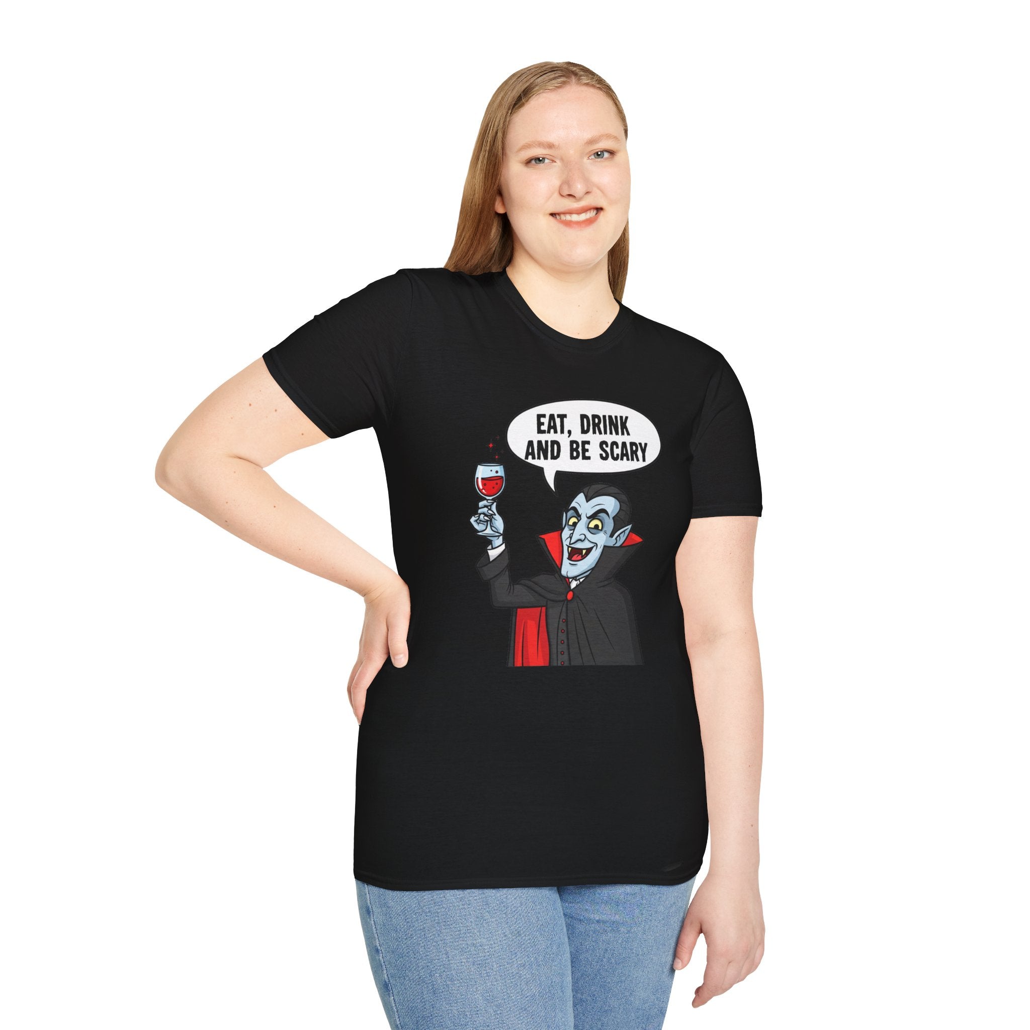 Halloween Vampire Eat Drink Be Scary T-Shirt, Unisex Cotton Tee, Spooky Graphic Tee, Costume Party Shirt, Gift for Halloween Lovers, Eat Drink Be Scary