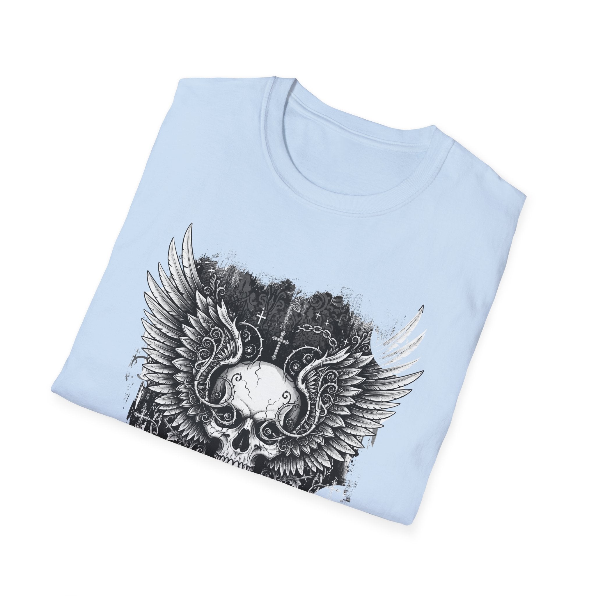 Gothic Winged Skull T-Shirt | Unisex Graphic Tee for Music Lovers, Halloween, Casual Wear, Gift for Him & Her