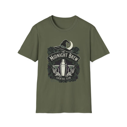 Midnight Brew Cocktail Club T-Shirt | Unisex Softstyle Tee, Barware Lovers Gift, Cocktail Party Attire, Fun Drinking Shirt, Night Out Wear