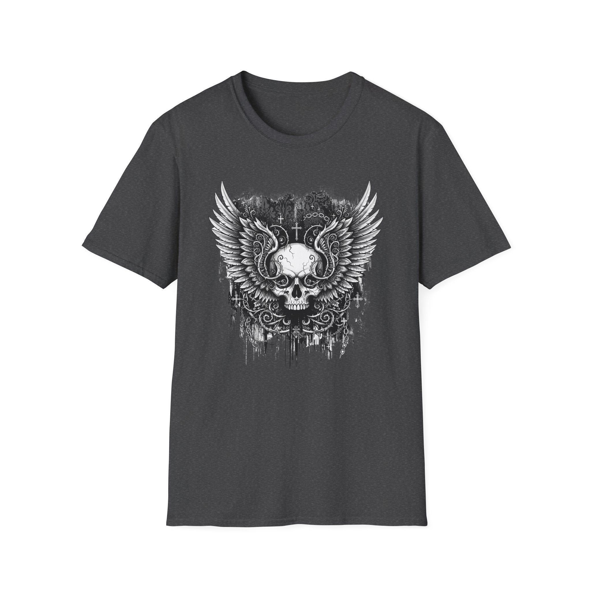 Gothic Winged Skull T-Shirt | Unisex Graphic Tee for Music Lovers, Halloween, Casual Wear, Gift for Him & Her