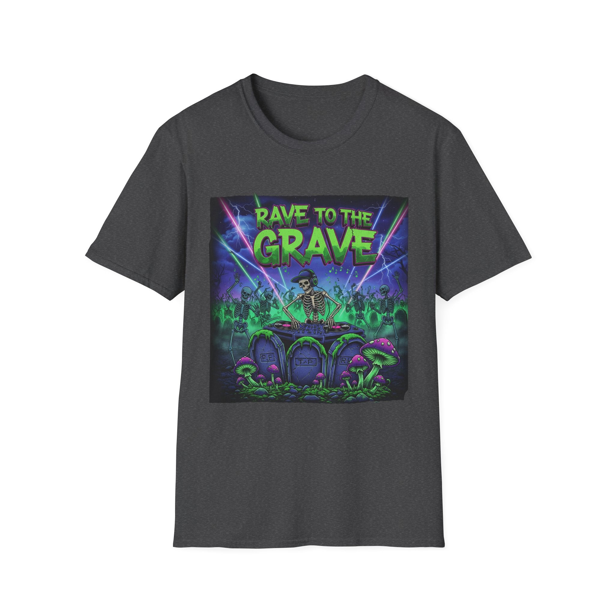 Rave to the Grave Unisex Softstyle T-Shirt | Festival Tee, Edgy Graphic Shirt, Concert Outfit, Alternative Apparel, Unique Gift
