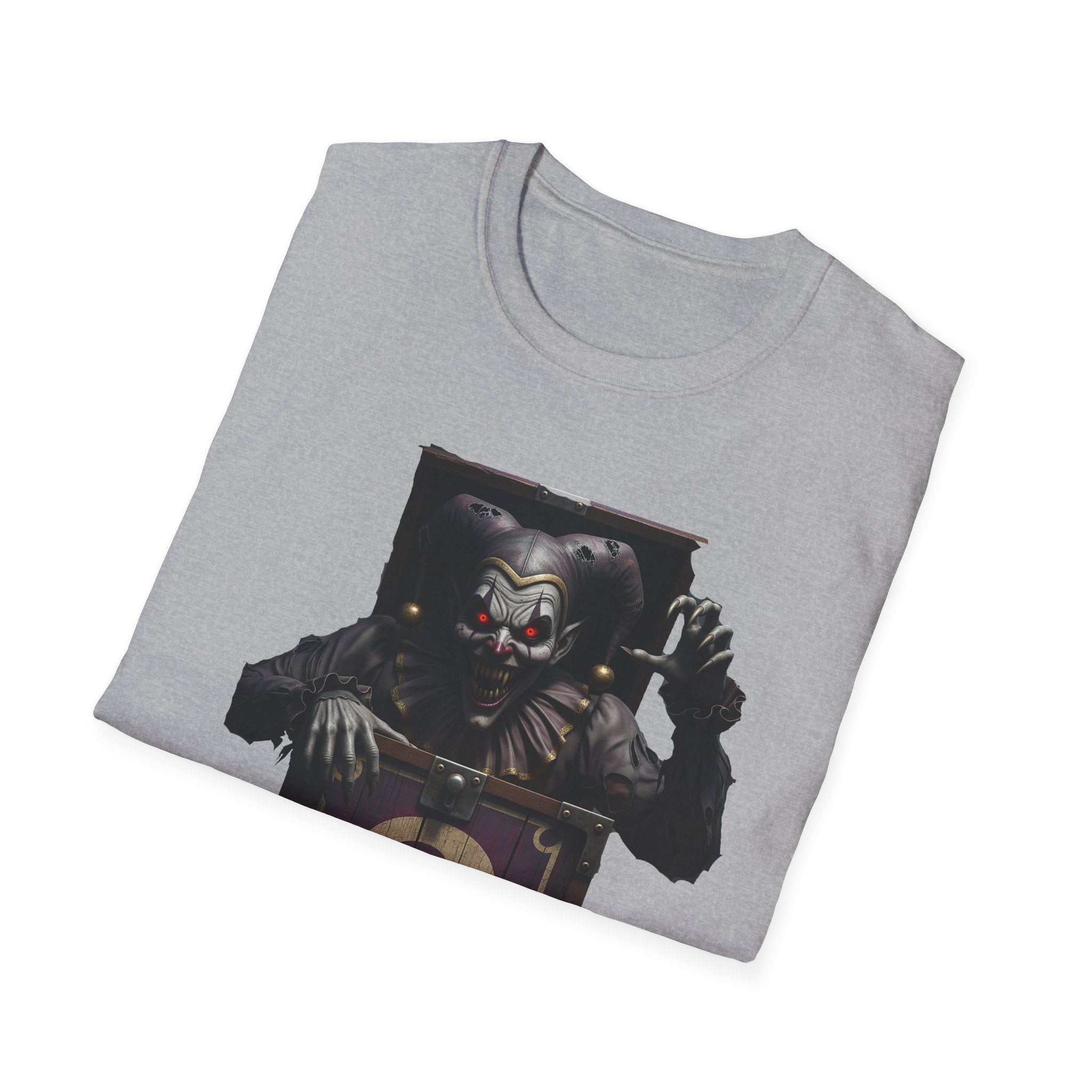 Mystery Demon Jester Clown Jack In A Box Unisex T-Shirt, Horror Tee, Spooky Shirt, Halloween Costume, Fun House Apparel, Gift for Horror Fans