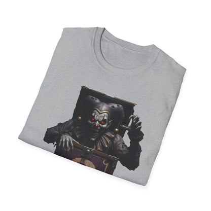 Mystery Demon Jester Clown Jack In A Box Unisex T-Shirt, Horror Tee, Spooky Shirt, Halloween Costume, Fun House Apparel, Gift for Horror Fans