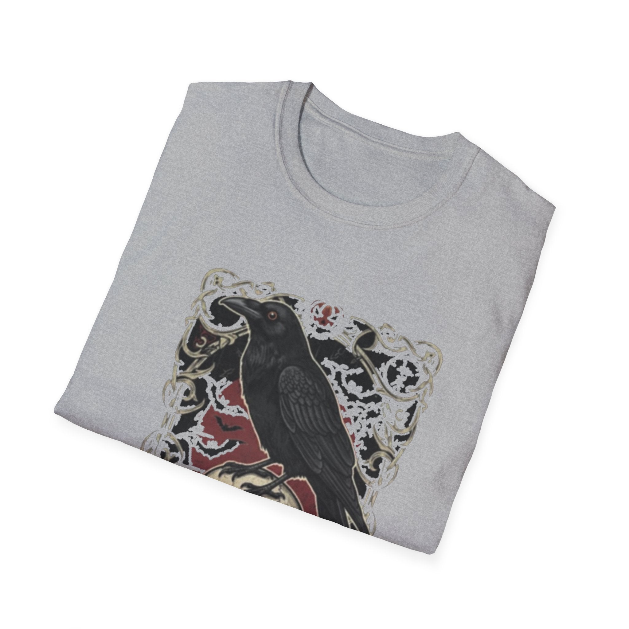 Gothic Raven and Skull T-Shirt | Unisex Softstyle Tee for Halloween, Dark Aesthetic, Casual Wear, Unique Gift, Spooky Vibes