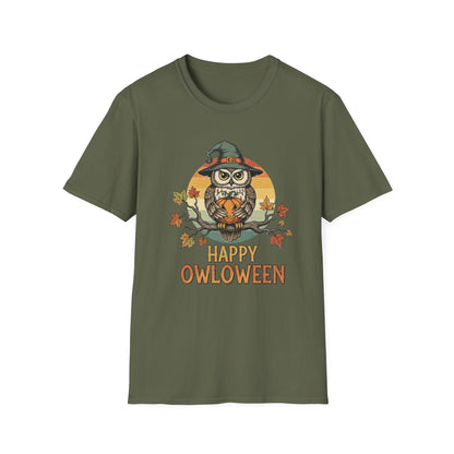 Halloween Happy Owl O Ween Graphic Tee, Casual Fall T-Shirt, Seasonal Gift, Unisex Halloween Shirt, Fun Halloween Outfit