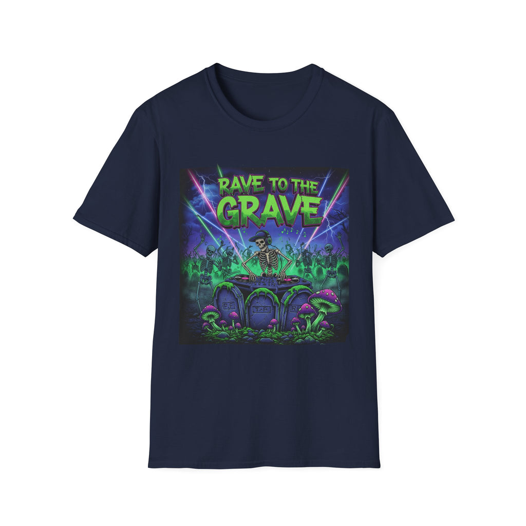 Rave to the Grave Unisex Softstyle T-Shirt | Festival Tee, Edgy Graphic Shirt, Concert Outfit, Alternative Apparel, Unique Gift