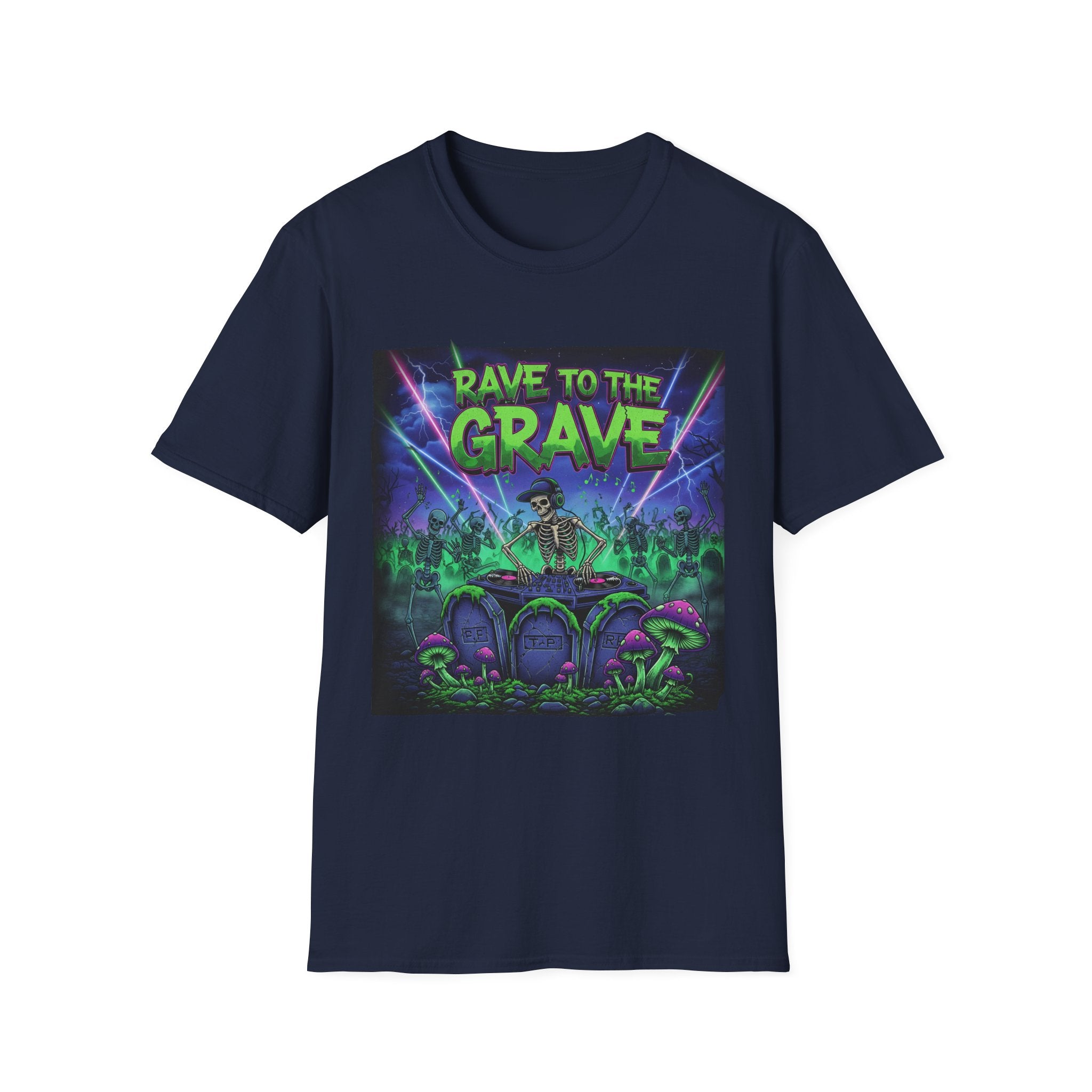 Rave to the Grave Unisex Softstyle T-Shirt | Festival Tee, Edgy Graphic Shirt, Concert Outfit, Alternative Apparel, Unique Gift