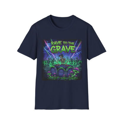 Rave to the Grave Unisex Softstyle T-Shirt | Festival Tee, Edgy Graphic Shirt, Concert Outfit, Alternative Apparel, Unique Gift