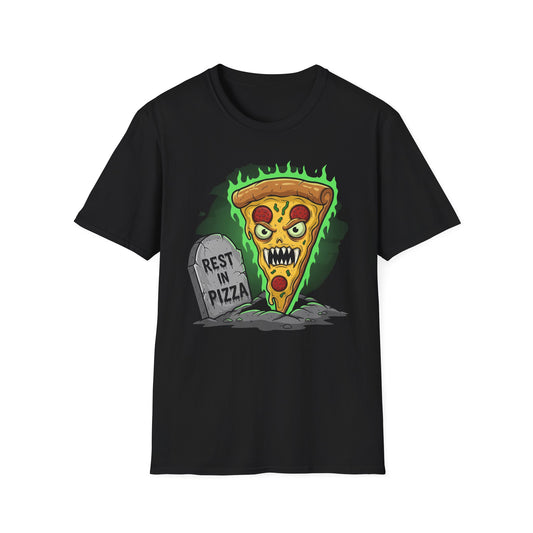 Rest In Pizza-Themed Graphic Tee for Food Lovers, Halloween Costume, Rest in Pizza Shirt, Fun Gift, Unisex Softstyle T-Shirt