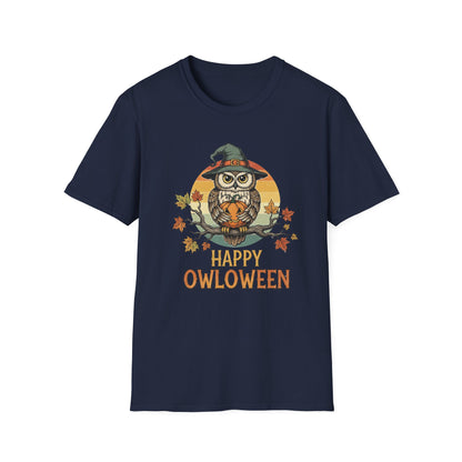 Halloween Happy Owl O Ween Graphic Tee, Casual Fall T-Shirt, Seasonal Gift, Unisex Halloween Shirt, Fun Halloween Outfit