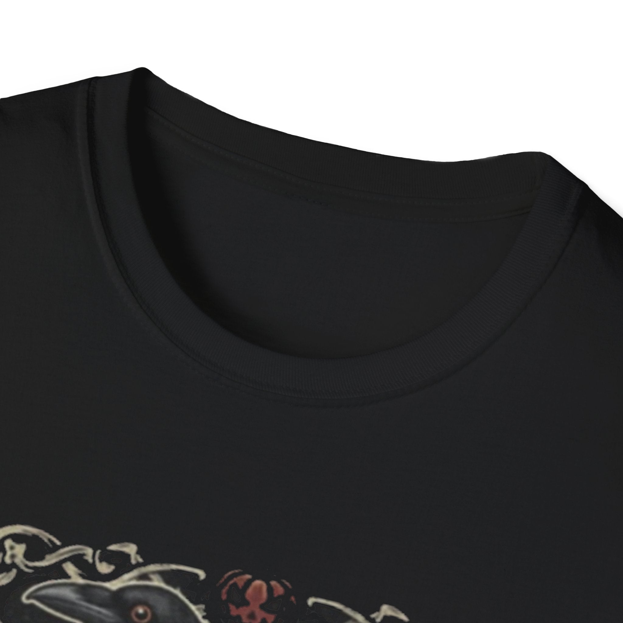 Gothic Raven and Skull T-Shirt | Unisex Softstyle Tee for Halloween, Dark Aesthetic, Casual Wear, Unique Gift, Spooky Vibes