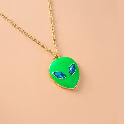 Halloween Vintage Enamel Alien Face Pendant Necklace