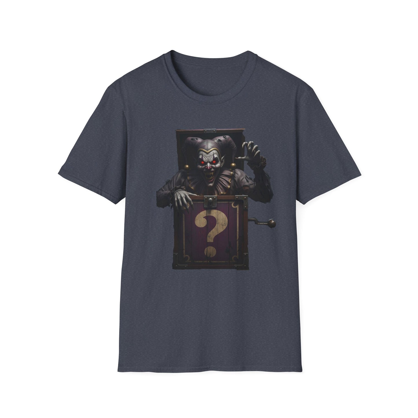 Mystery Demon Jester Clown Jack In A Box Unisex T-Shirt, Horror Tee, Spooky Shirt, Halloween Costume, Fun House Apparel, Gift for Horror Fans