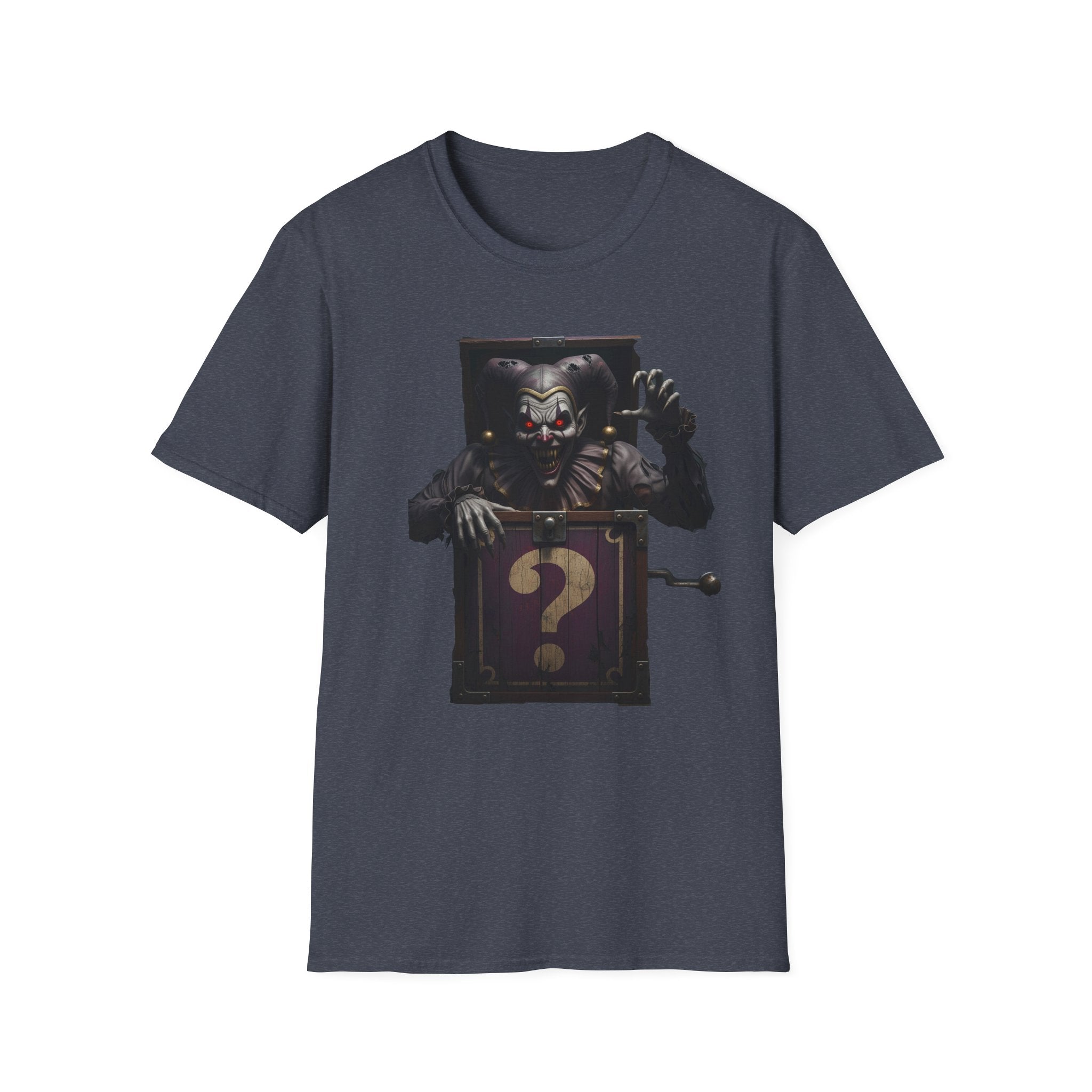 Mystery Demon Jester Clown Jack In A Box Unisex T-Shirt, Horror Tee, Spooky Shirt, Halloween Costume, Fun House Apparel, Gift for Horror Fans