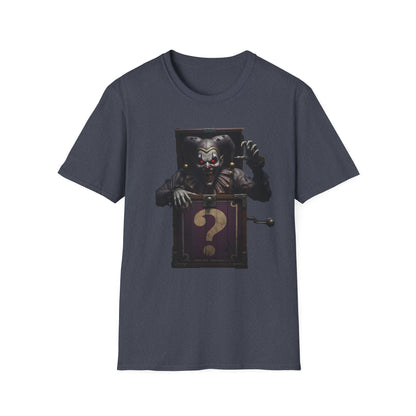 Mystery Demon Jester Clown Jack In A Box Unisex T-Shirt, Horror Tee, Spooky Shirt, Halloween Costume, Fun House Apparel, Gift for Horror Fans