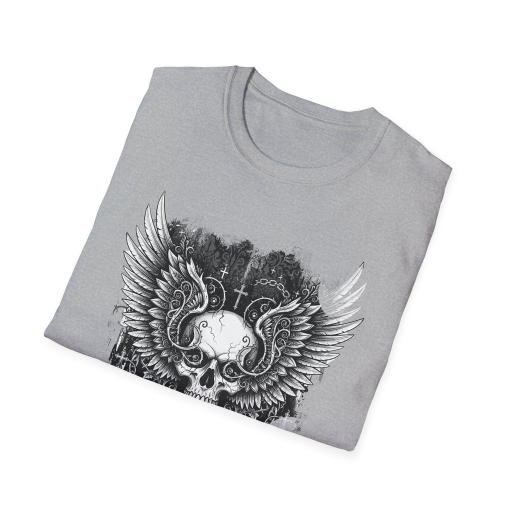 Gothic Winged Skull T-Shirt | Unisex Graphic Tee for Music Lovers, Halloween, Casual Wear, Gift for Him & Her