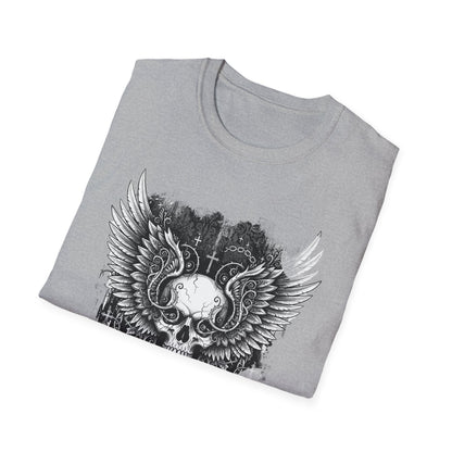 Gothic Winged Skull T-Shirt | Unisex Graphic Tee for Music Lovers, Halloween, Casual Wear, Gift for Him & Her