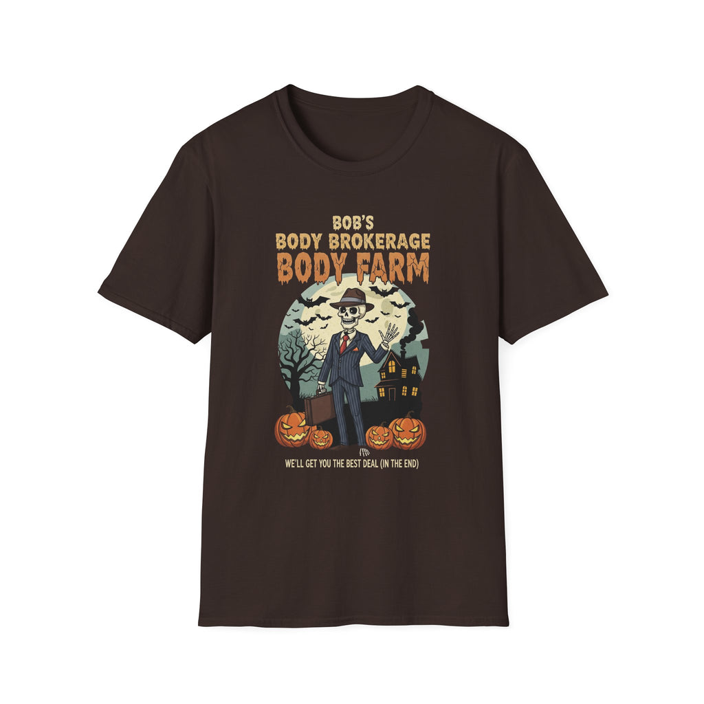 Halloween Bobs Body Brokerage Body Farm Best Deal In The End T-Shirt, Unisex Softstyle Tee, Body Farm Graphic Shirt, Halloween Party Wear, Unique Gift for Halloween Lovers