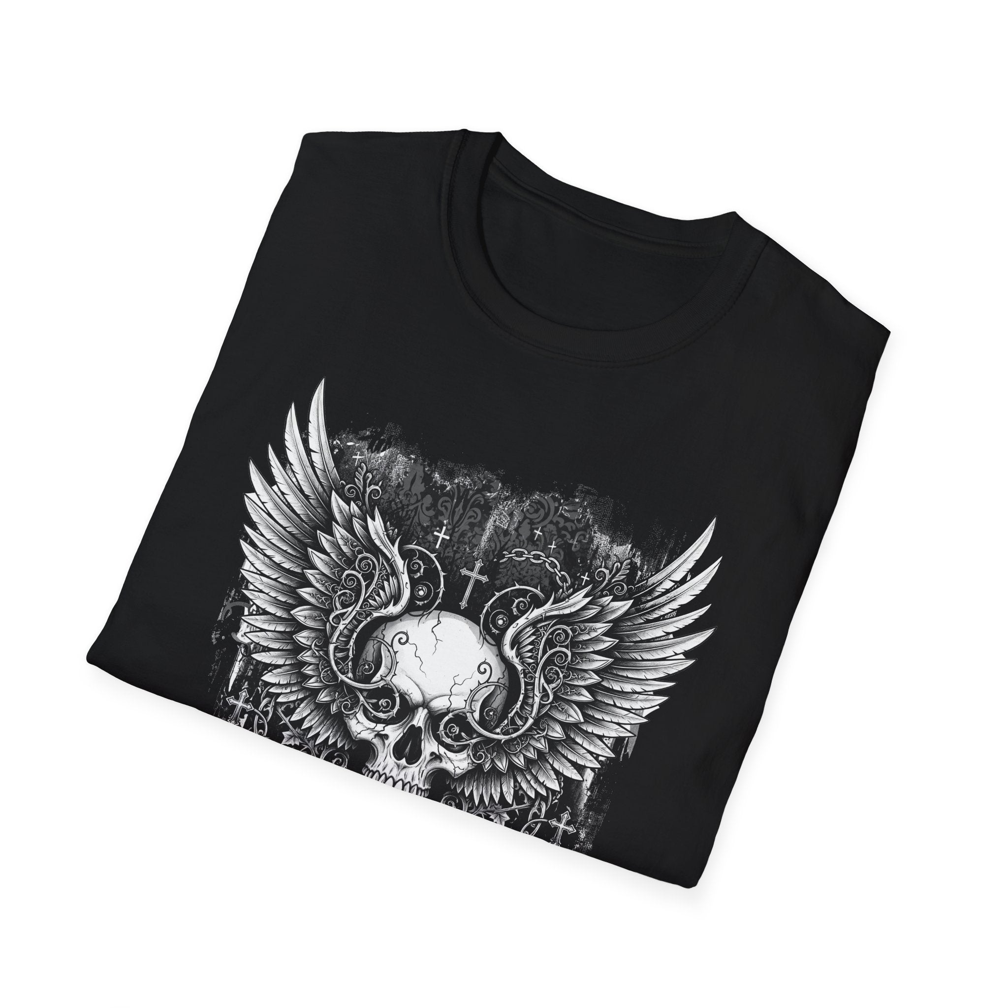 Gothic Winged Skull T-Shirt | Unisex Graphic Tee for Music Lovers, Halloween, Casual Wear, Gift for Him & Her