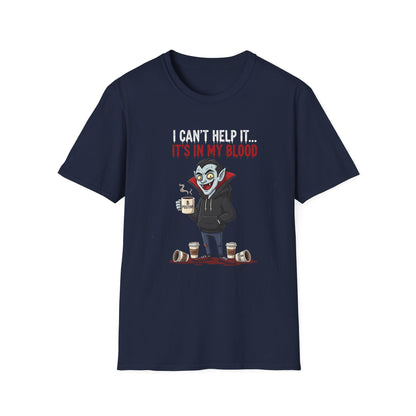 Coffee Lover's Vampire Its In My Blood Unisex T-Shirt, Funny Graphic Tee, Gift for Baristas, Coffee Addicts, Casual Wear, Halloween Apparel