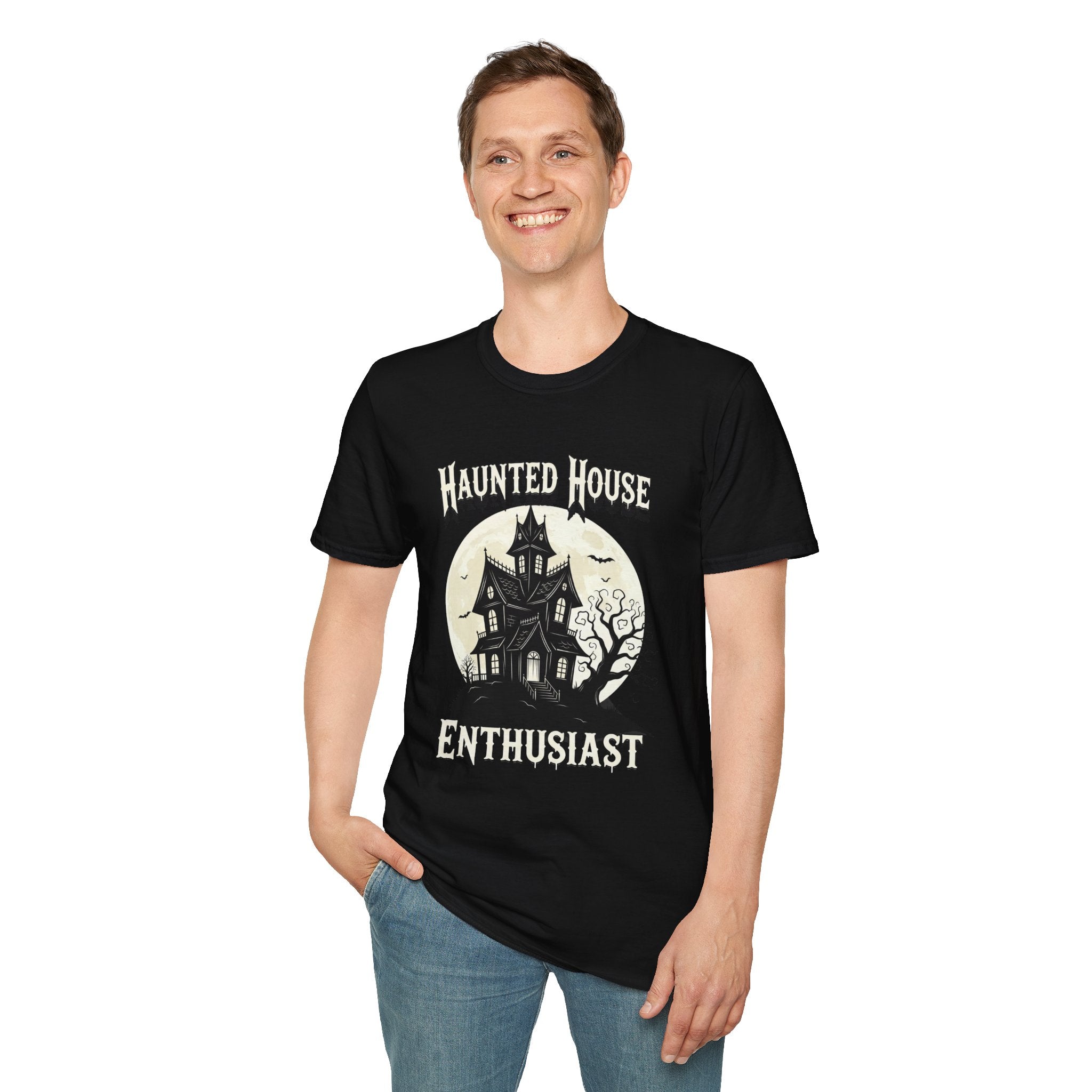 Haunted House Enthusiast  Unisex Softstyle T-Shirt | Spooky Vibes, Halloween Costume, Gift for Ghost Lovers, Autumn Wardrobe Essential