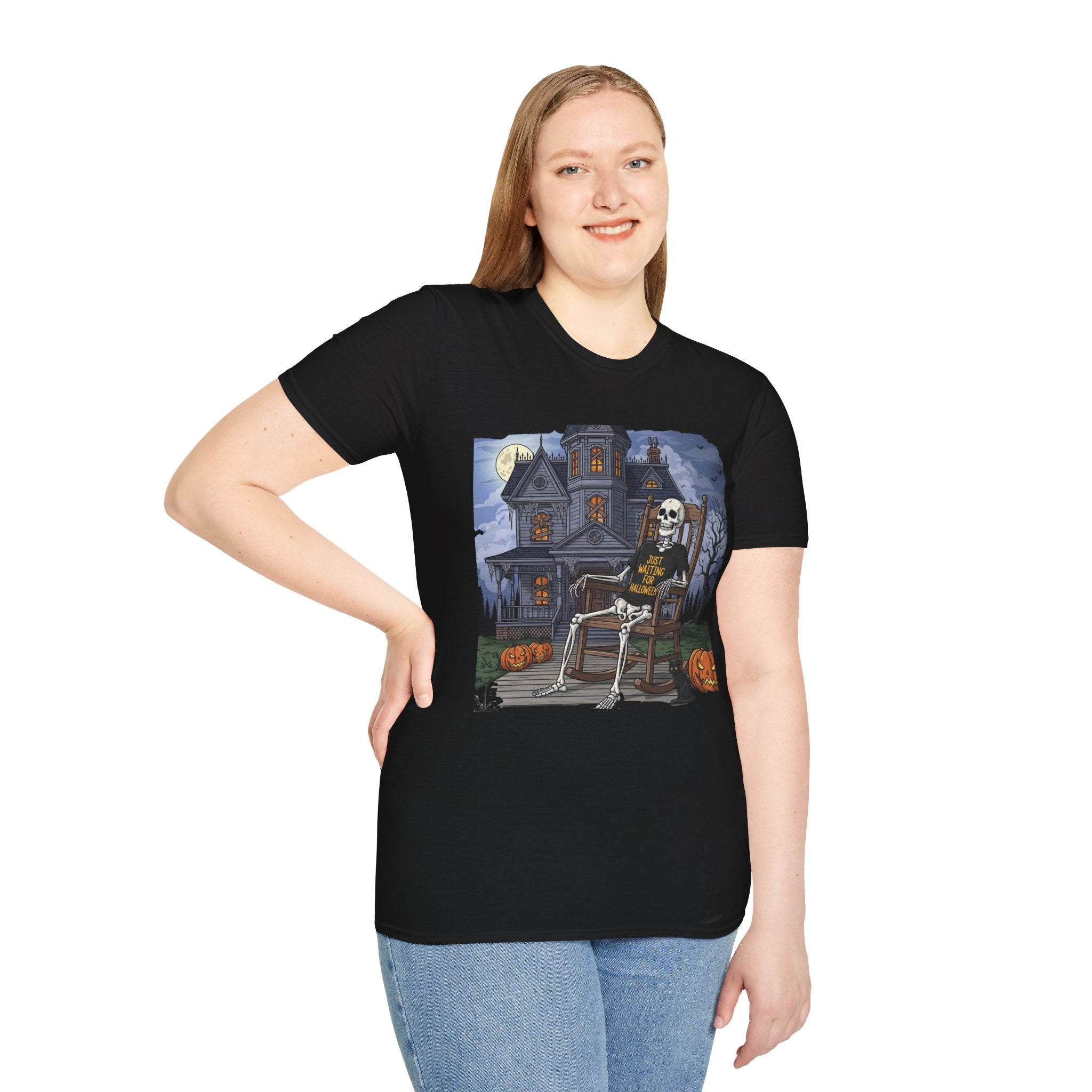 Just Waiting For Halloween Graphic Tee, Unisex Softstyle T-Shirt, Spooky Season Outfit, Perfect for Halloween Parties, Autumn Vibes, Casual Wear