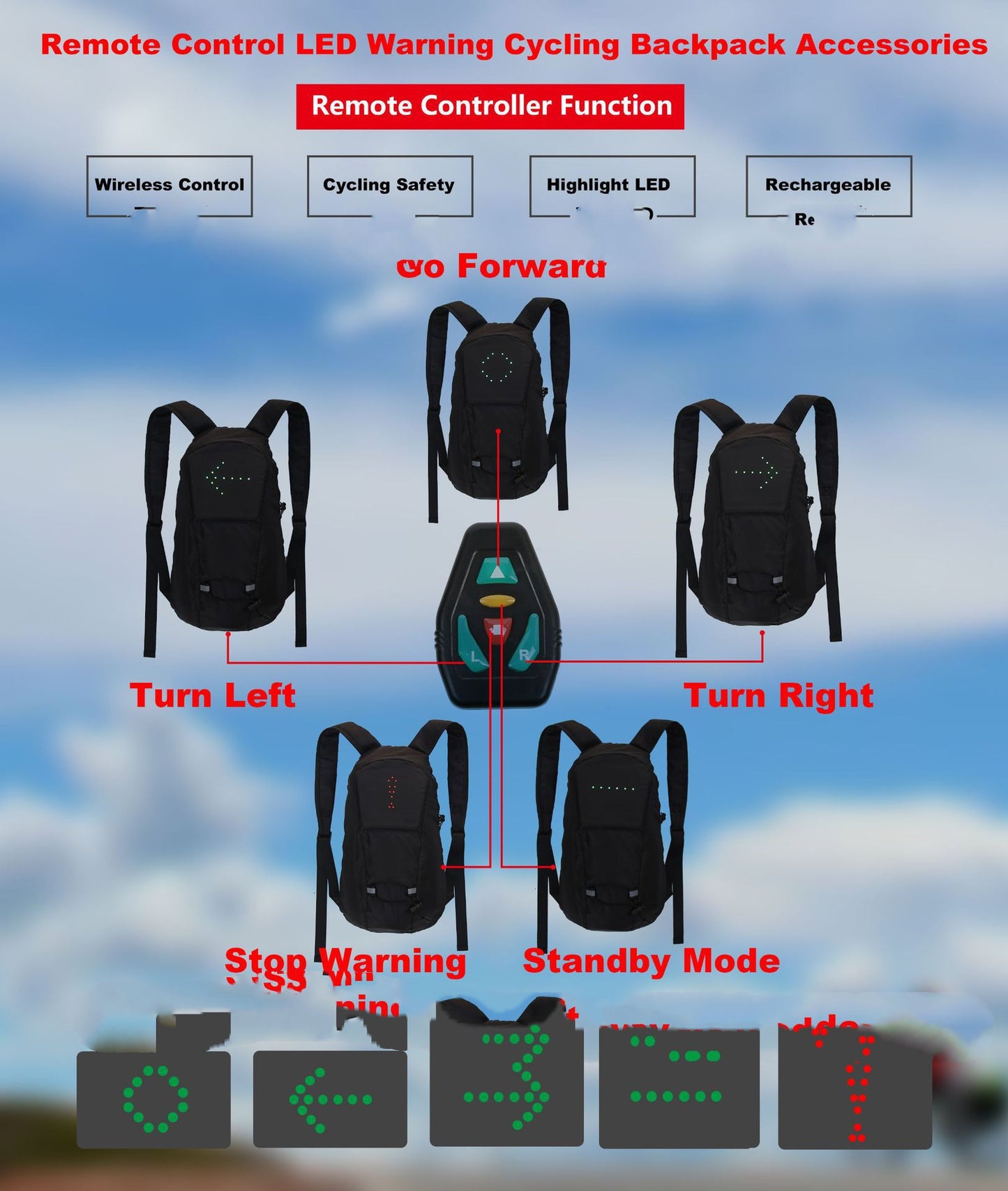 Remote Control LED Light-up Backpack Light-up Bag Turn Signal Backpack Safety Cycling