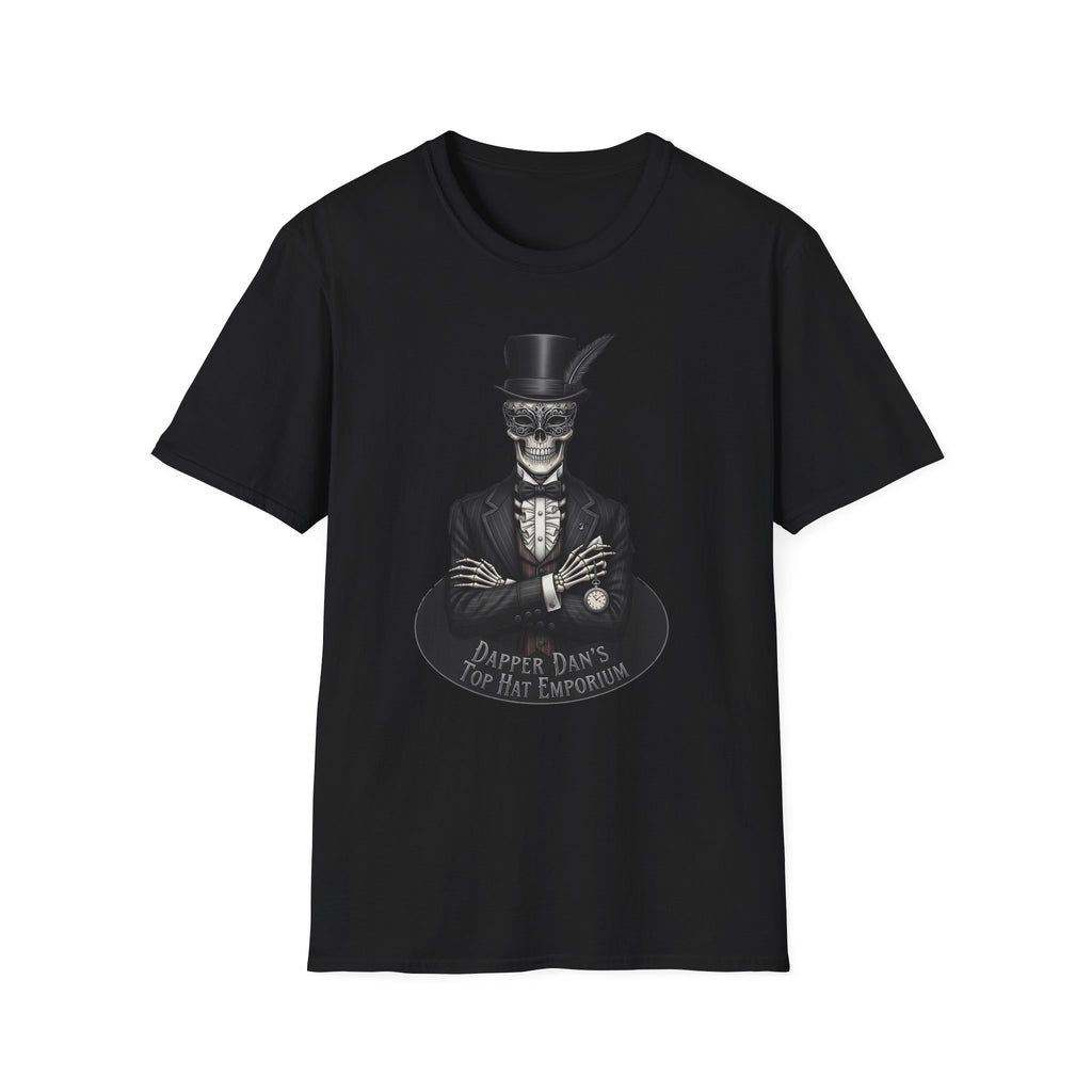 Dapper Dans Top Hat Emporium T-Shirt, Skeleton Shirt, Unisex Graphic Tee, Halloween Apparel, Unique Gift for Goth Style