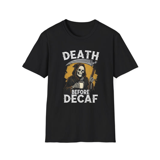 Death Before Decaf T-Shirt, Funny Coffee Shirt, Unisex Casual Tee, Gift for Coffee Lovers, Halloween Apparel, Graphic Tee