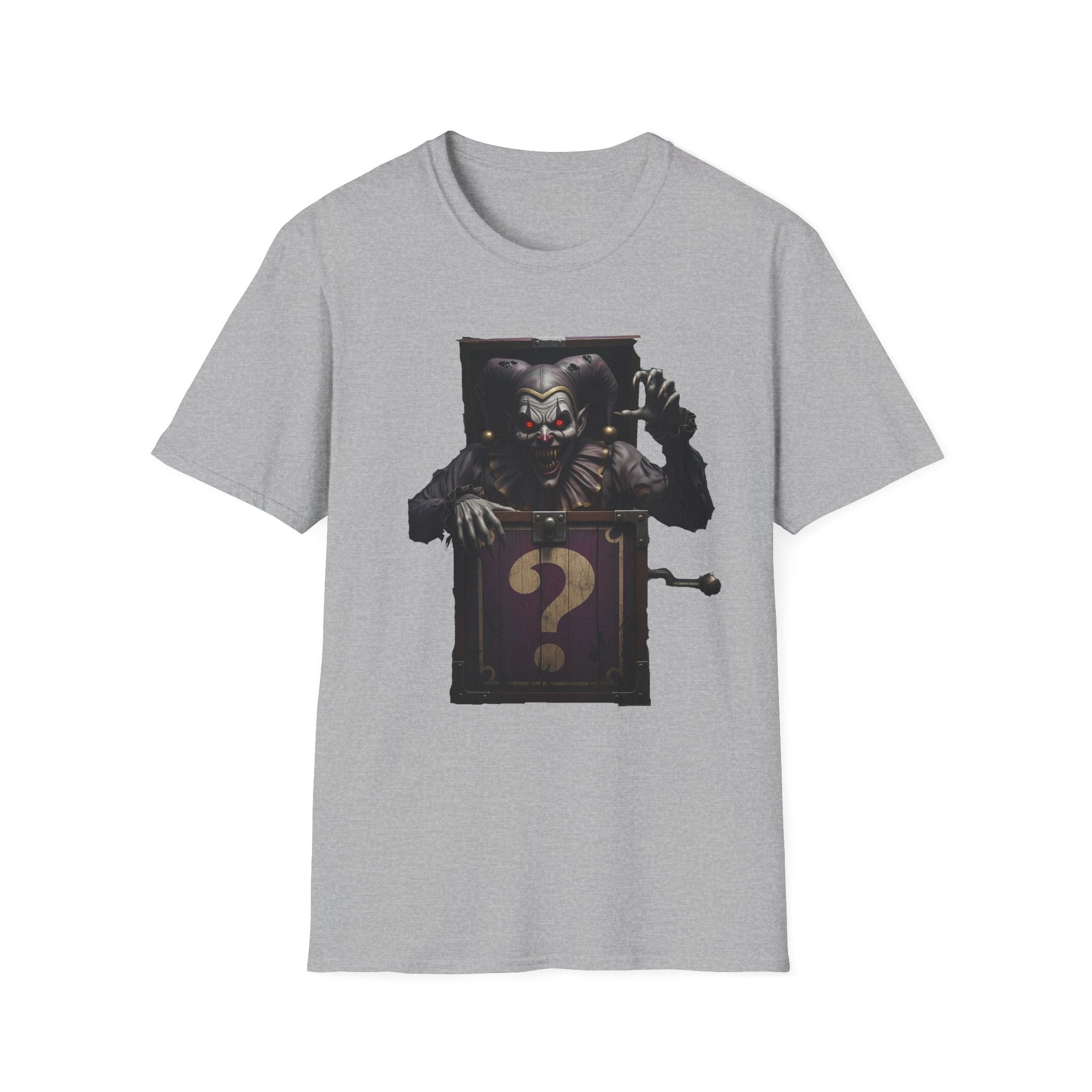 Mystery Demon Jester Clown Jack In A Box Unisex T-Shirt, Horror Tee, Spooky Shirt, Halloween Costume, Fun House Apparel, Gift for Horror Fans
