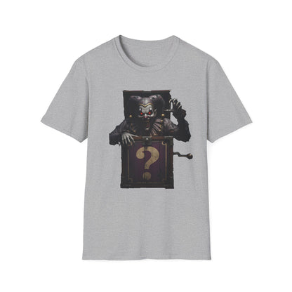 Mystery Demon Jester Clown Jack In A Box Unisex T-Shirt, Horror Tee, Spooky Shirt, Halloween Costume, Fun House Apparel, Gift for Horror Fans