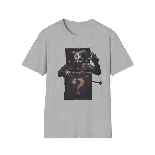 Mystery Demon Jester Clown Jack In A Box Unisex T-Shirt, Horror Tee, Spooky Shirt, Halloween Costume, Fun House Apparel, Gift for Horror Fans