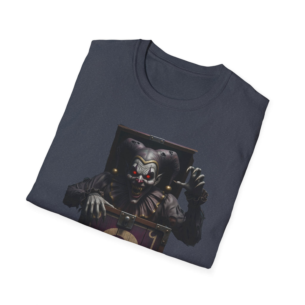 Mystery Demon Jester Clown Jack In A Box Unisex T-Shirt, Horror Tee, Spooky Shirt, Halloween Costume, Fun House Apparel, Gift for Horror Fans