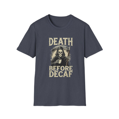 Humorous Graphic T-Shirt for Coffee Lovers, Funny Death Before Decaf Tee, Gift for Baristas, Halloween Apparel, Unisex Softstyle Shirt
