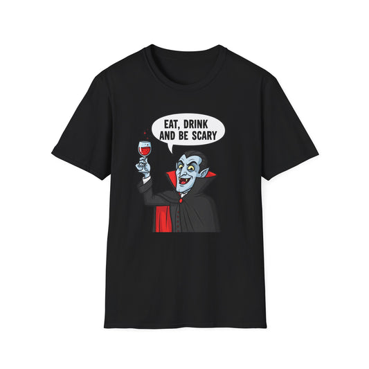 Halloween Vampire Eat Drink Be Scary T-Shirt, Unisex Cotton Tee, Spooky Graphic Tee, Costume Party Shirt, Gift for Halloween Lovers, Eat Drink Be Scary