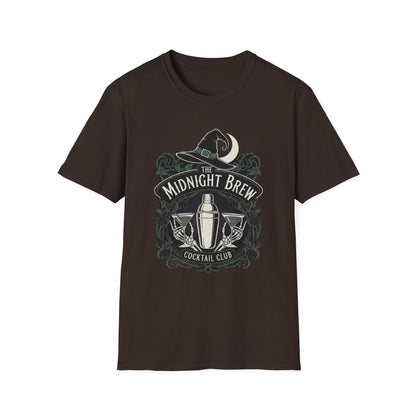 Midnight Brew Cocktail Club T-Shirt | Unisex Softstyle Tee, Barware Lovers Gift, Cocktail Party Attire, Fun Drinking Shirt, Night Out Wear
