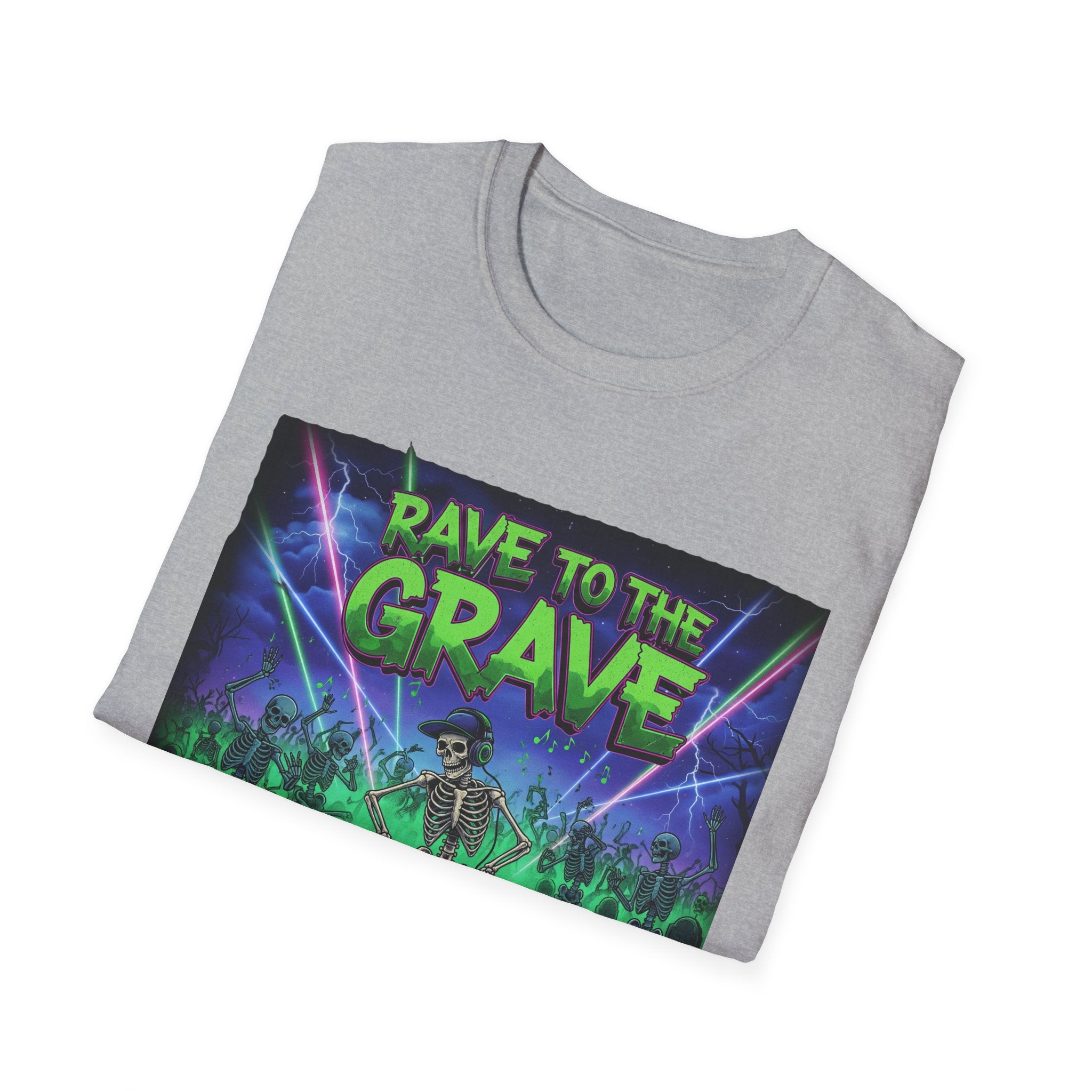Rave to the Grave Unisex Softstyle T-Shirt | Festival Tee, Edgy Graphic Shirt, Concert Outfit, Alternative Apparel, Unique Gift