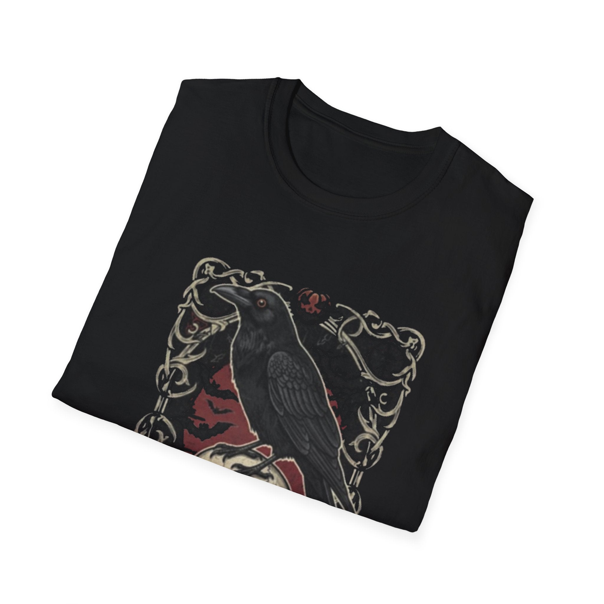 Gothic Raven and Skull T-Shirt | Unisex Softstyle Tee for Halloween, Dark Aesthetic, Casual Wear, Unique Gift, Spooky Vibes