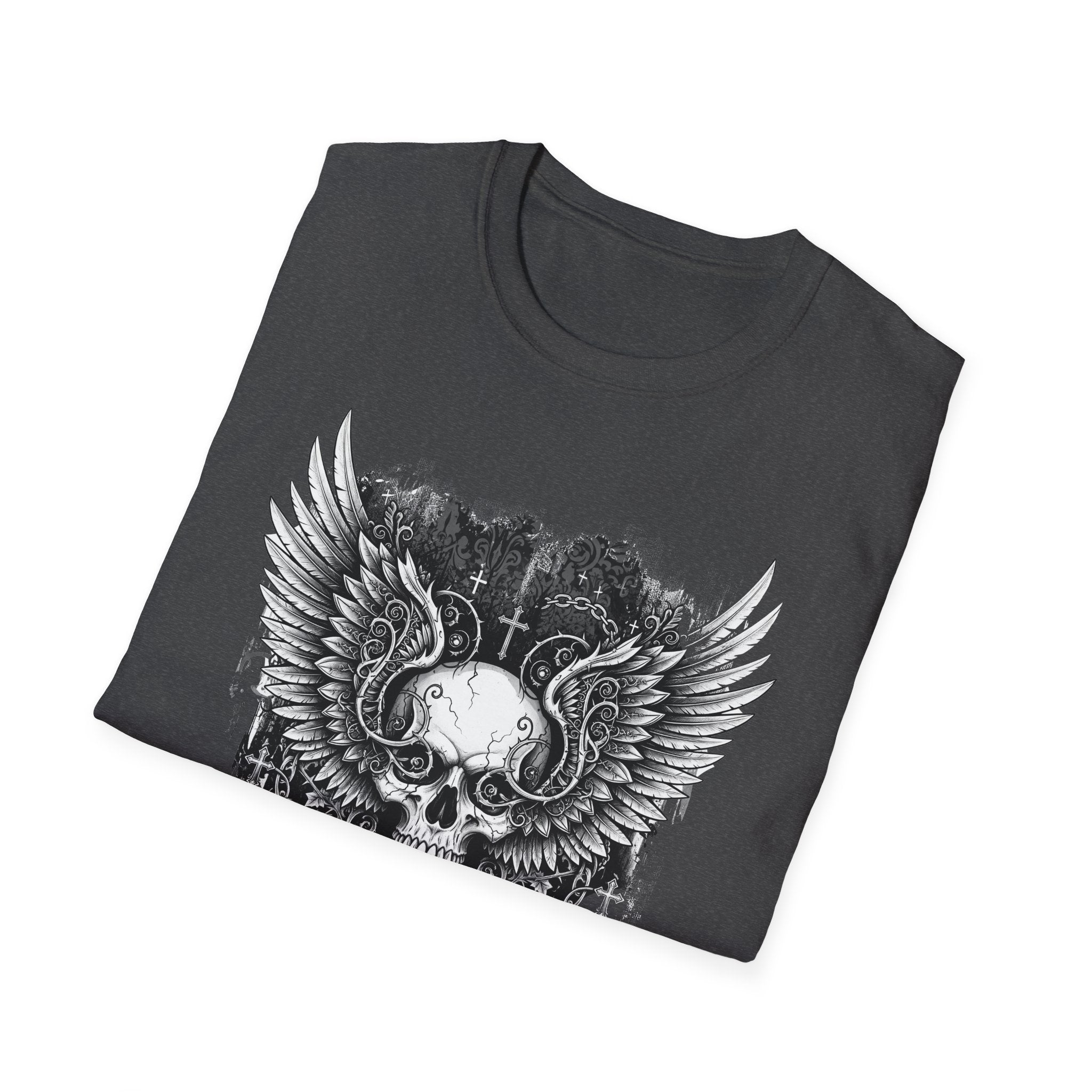 Gothic Winged Skull T-Shirt | Unisex Graphic Tee for Music Lovers, Halloween, Casual Wear, Gift for Him & Her
