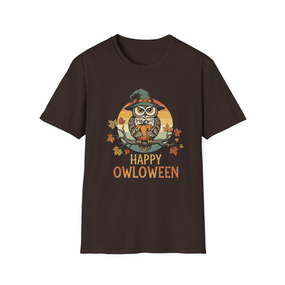 Halloween Happy Owl O Ween Graphic Tee, Casual Fall T-Shirt, Seasonal Gift, Unisex Halloween Shirt, Fun Halloween Outfit