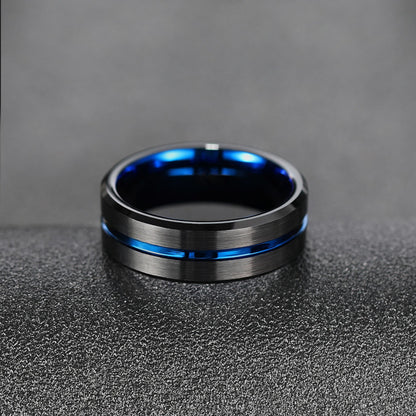 Men's Blue Groove Bevel Wide Surface Tungsten Ring