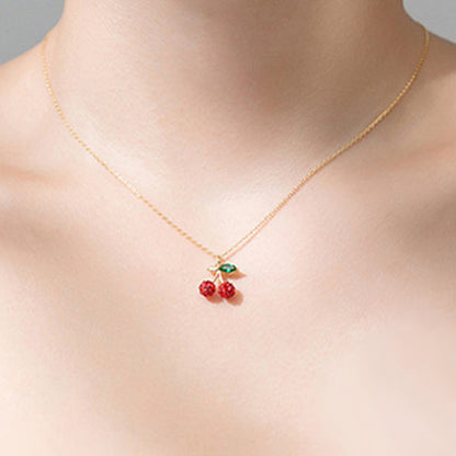 Inlaid Zircon Cherry Necklace Temperament Wild Red Cherry Clavicle Chain