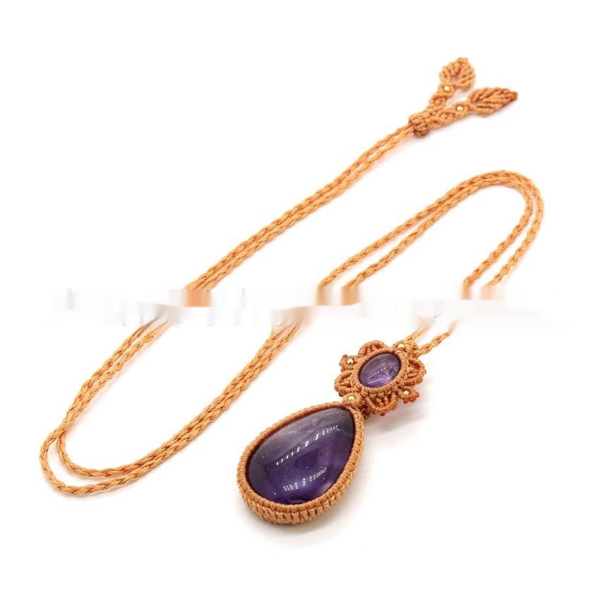 Amethyst Drop-shaped Hand-woven Adjustable Pendant Necklace