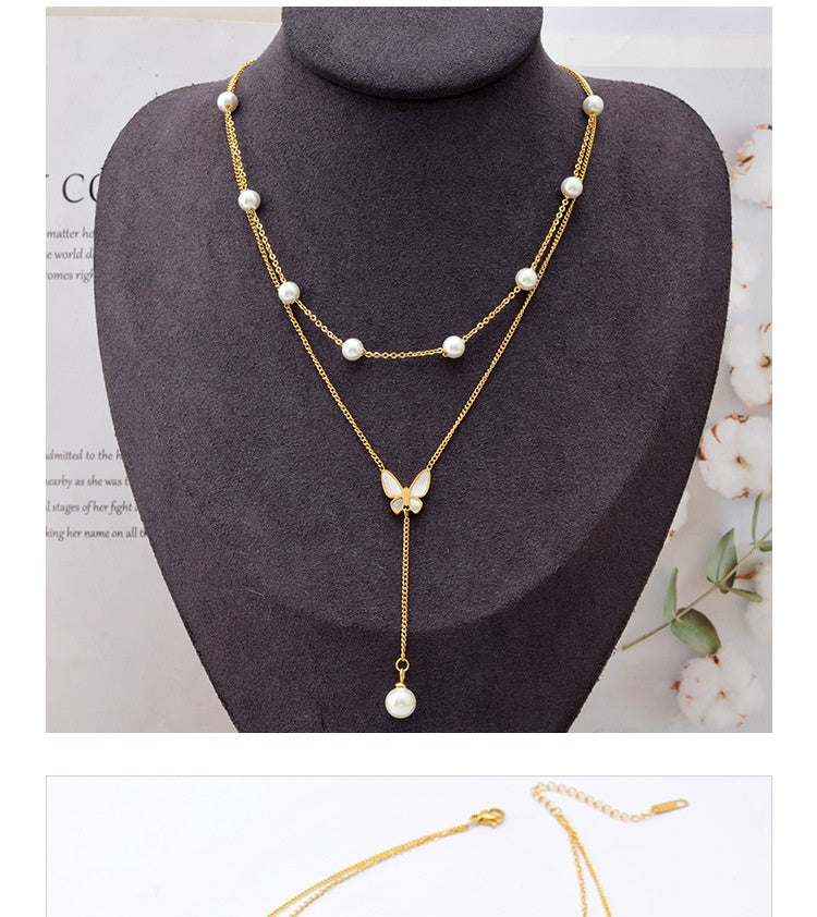 Butterfly Women's Titanium Steel Double-layer Chain Pearl Long Fringe Pendant Color-retaining V-neck Clavicle