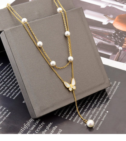 Butterfly Women's Titanium Steel Double-layer Chain Pearl Long Fringe Pendant Color-retaining V-neck Clavicle